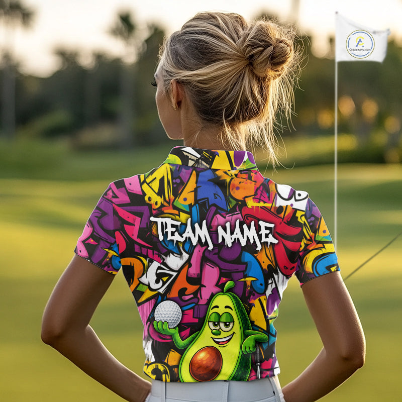Personalized Name Golf Shirt Funny Avocado Golf Jersey Colorful Graffiti Golf Polo Shirt