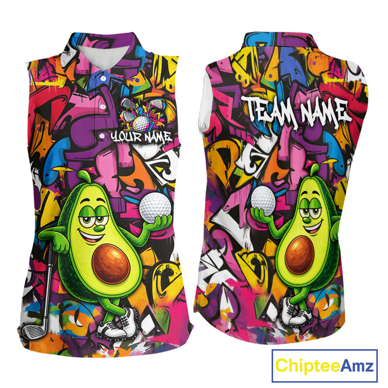 Personalized Name Golf Shirt Funny Avocado Golf Jersey Colorful Graffiti Golf Sleeveless Polo Shirt