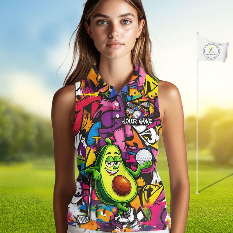 Personalized Name Golf Shirt Funny Avocado Golf Jersey Colorful Graffiti Golf Sleeveless Polo Shirt