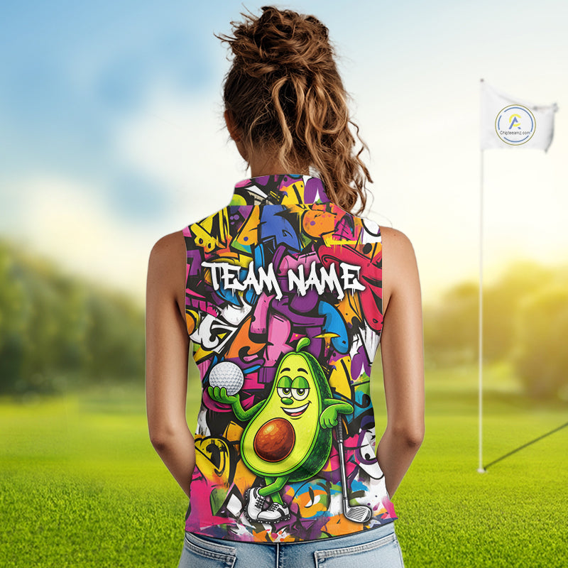 Personalized Name Golf Shirt Funny Avocado Golf Jersey Colorful Graffiti Golf Sleeveless Polo Shirt