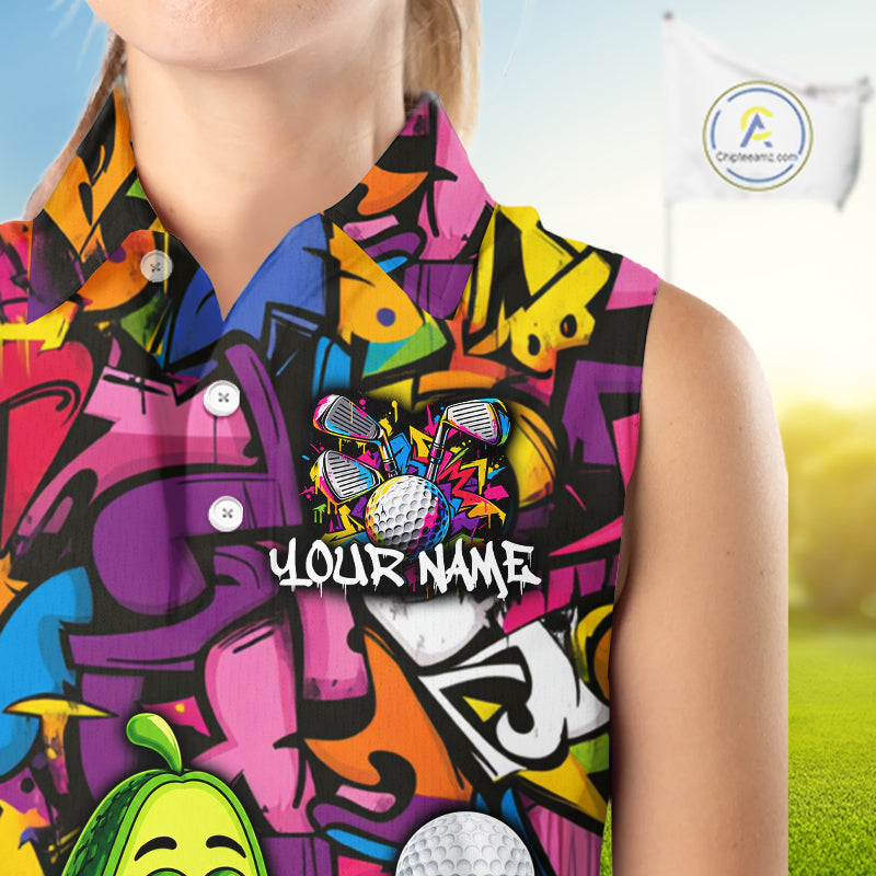 Personalized Name Golf Shirt Funny Avocado Golf Jersey Colorful Graffiti Golf Sleeveless Polo Shirt