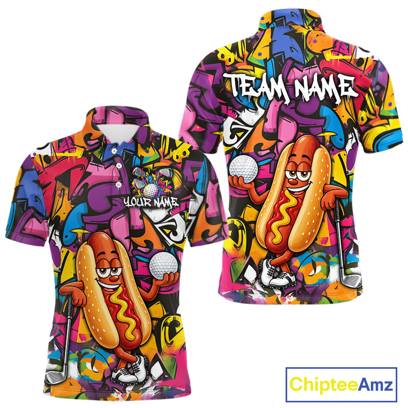 Personalized Name Golf Shirt Funny Hotdog Golf Jersey Colorful Graffiti Golf Polo Shirt