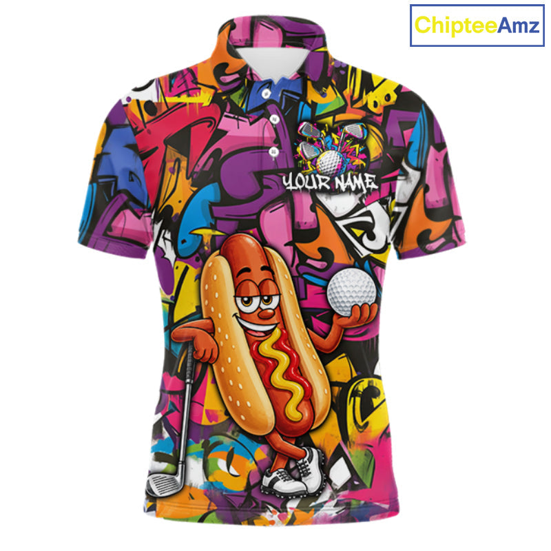 Personalized Name Golf Shirt Funny Hotdog Golf Jersey Colorful Graffiti Golf Polo Shirt