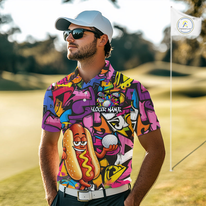 Personalized Name Golf Shirt Funny Hotdog Golf Jersey Colorful Graffiti Golf Polo Shirt