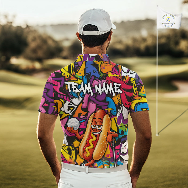 Personalized Name Golf Shirt Funny Hotdog Golf Jersey Colorful Graffiti Golf Polo Shirt