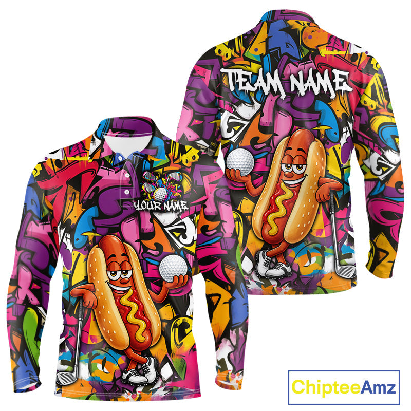 Personalized Name Golf Shirt Funny Hotdog Golf Jersey Colorful Graffiti Golf Polo Shirt
