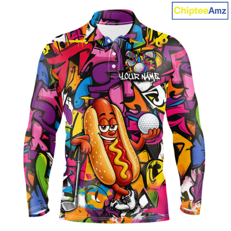 Personalized Name Golf Shirt Funny Hotdog Golf Jersey Colorful Graffiti Golf Polo Shirt