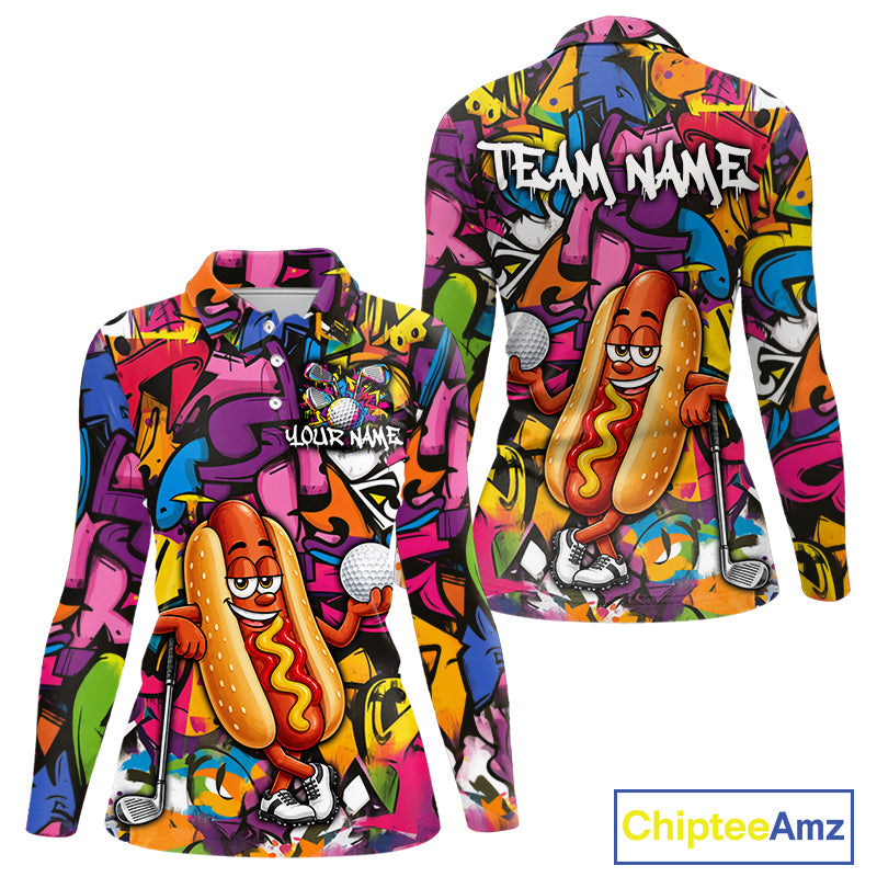 Personalized Name Golf Shirt Funny Hotdog Golf Jersey Colorful Graffiti Golf Polo Shirt