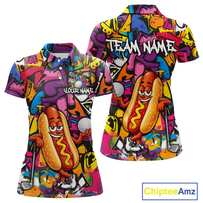 Personalized Name Golf Shirt Funny Hotdog Golf Jersey Colorful Graffiti Golf Polo Shirt