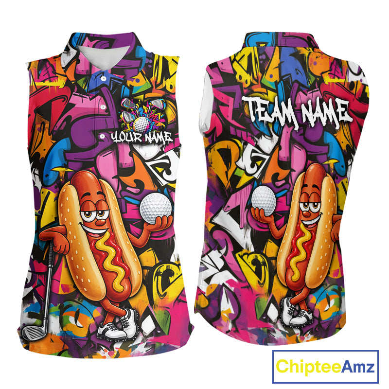 Personalized Name Golf Shirt Funny Hotdog Golf Jersey Colorful Graffiti Golf Sleeveless Polo Shirt