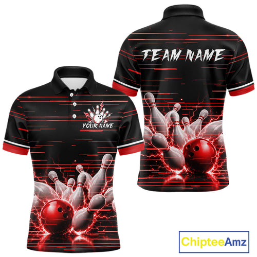 Red Horizontal Stripes Bowling Shirt Personalized Thunder Lightning Team Bowling Jersey
