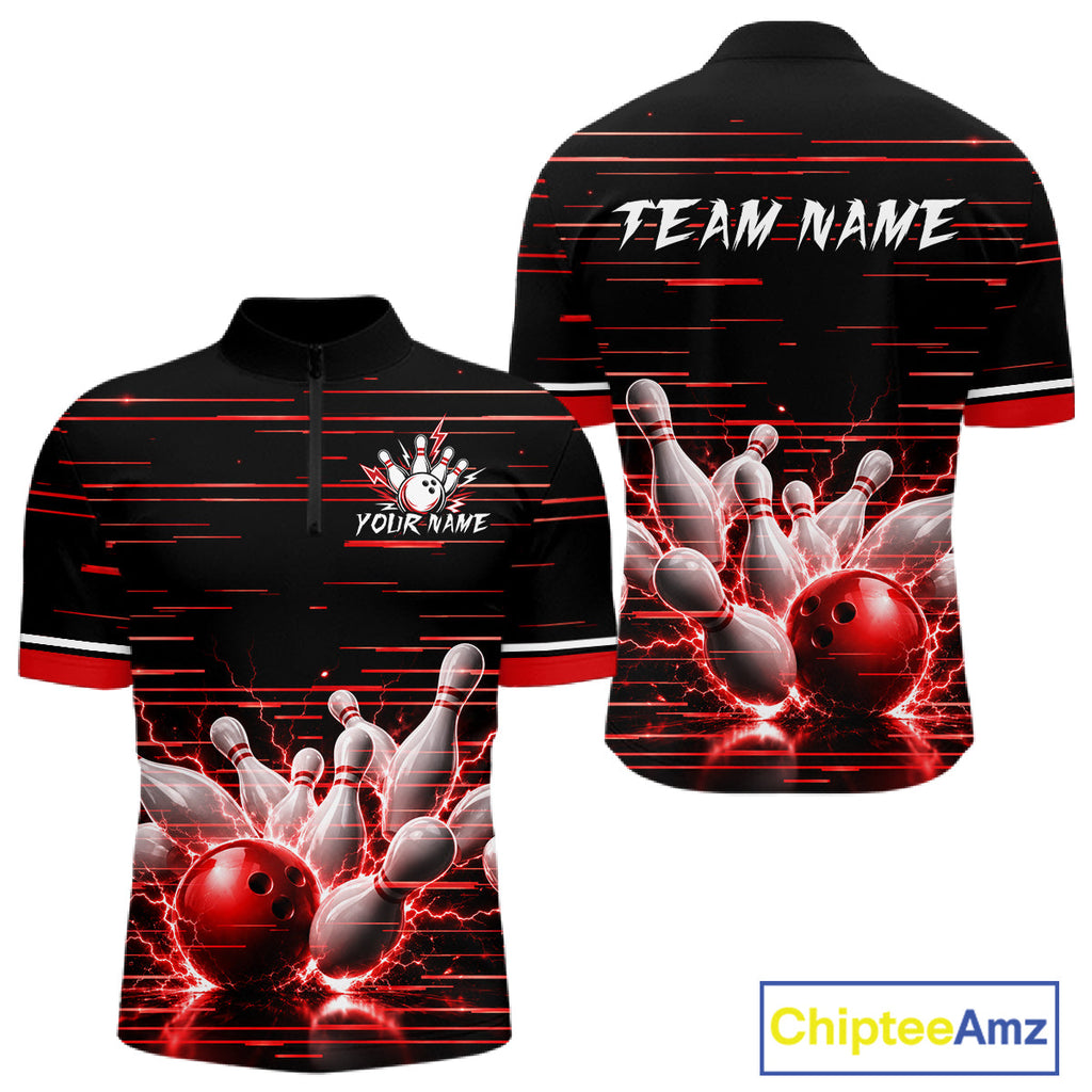 Red Horizontal Stripes Bowling Shirt Personalized Thunder Lightning Team Bowling Jersey