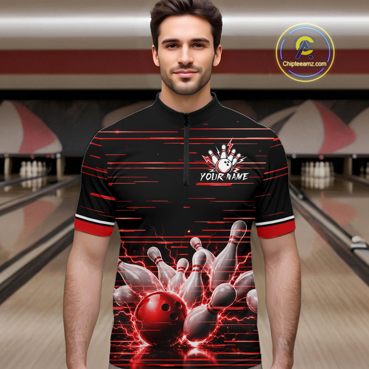 Red Horizontal Stripes Bowling Shirt Personalized Thunder Lightning Team Bowling Jersey