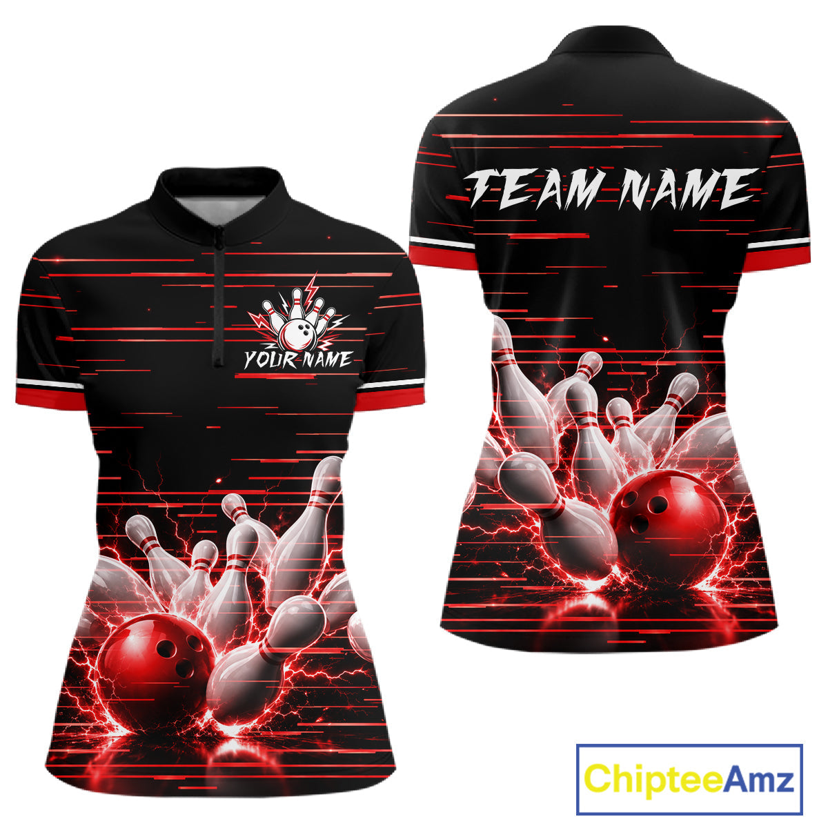 Red Horizontal Stripes Bowling Shirt Personalized Thunder Lightning Team Bowling Jersey