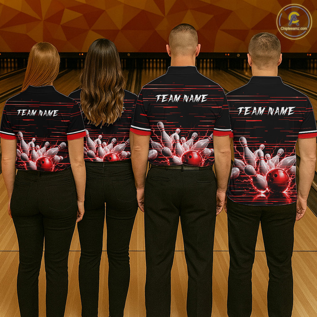 Red Horizontal Stripes Bowling Shirt Personalized Thunder Lightning Team Bowling Jersey