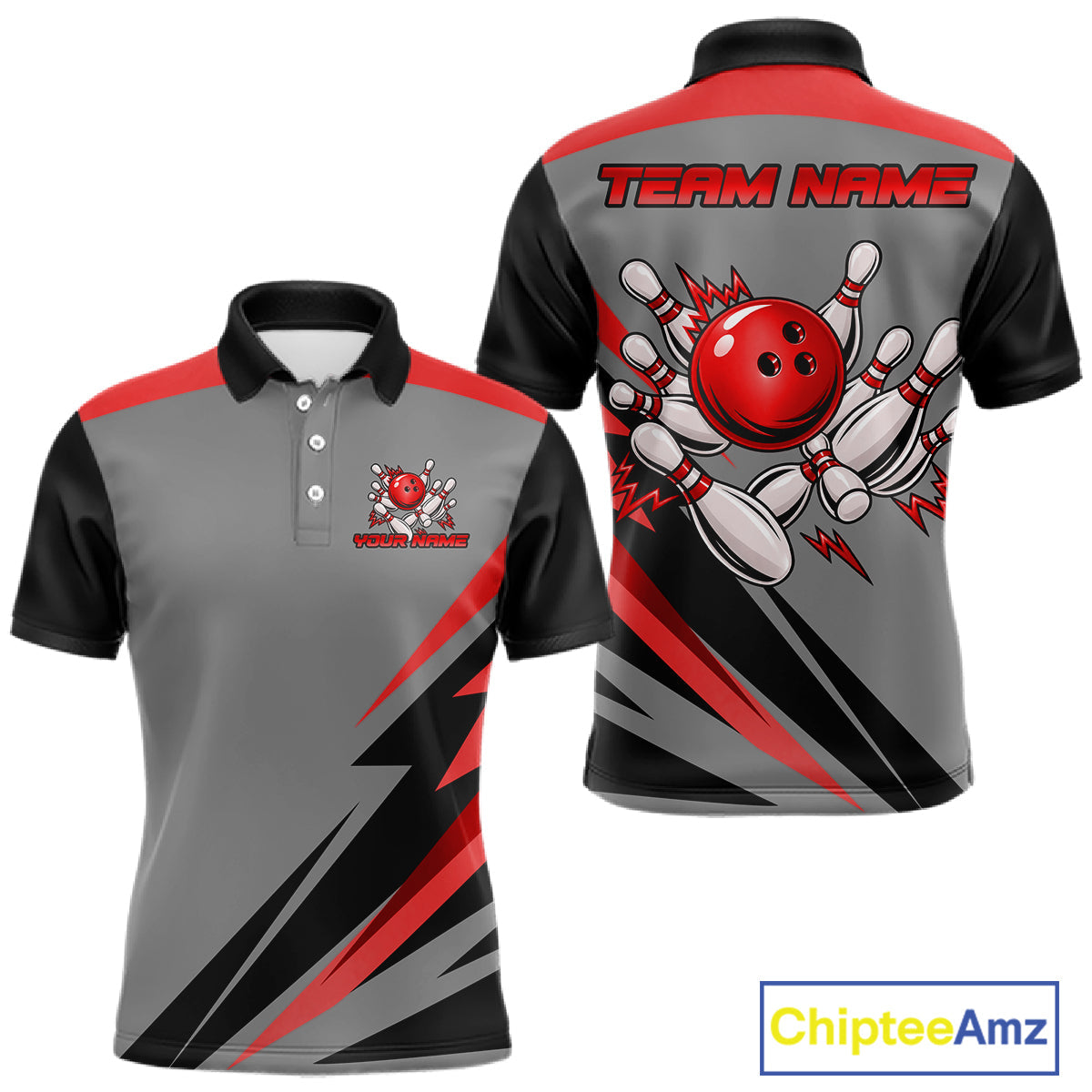 Personalized Gray And Red Bowling Team Shirts Custom Bowling Polo Quarter Zip Shirt