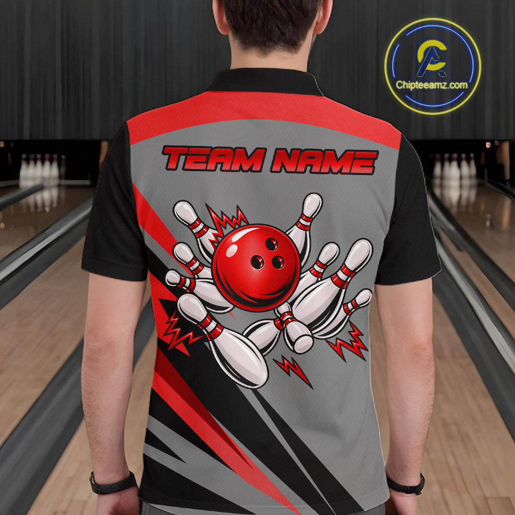 Personalized Gray And Red Bowling Team Shirts Custom Bowling Polo Quarter Zip Shirt