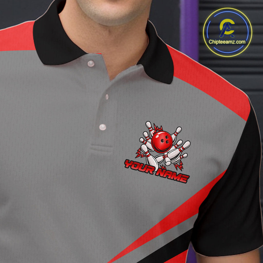 Personalized Gray And Red Bowling Team Shirts Custom Bowling Polo Quarter Zip Shirt