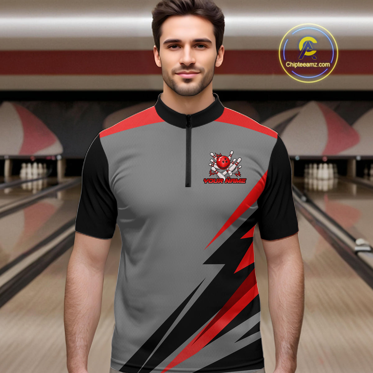 Personalized Gray And Red Bowling Team Shirts Custom Bowling Polo Quarter Zip Shirt