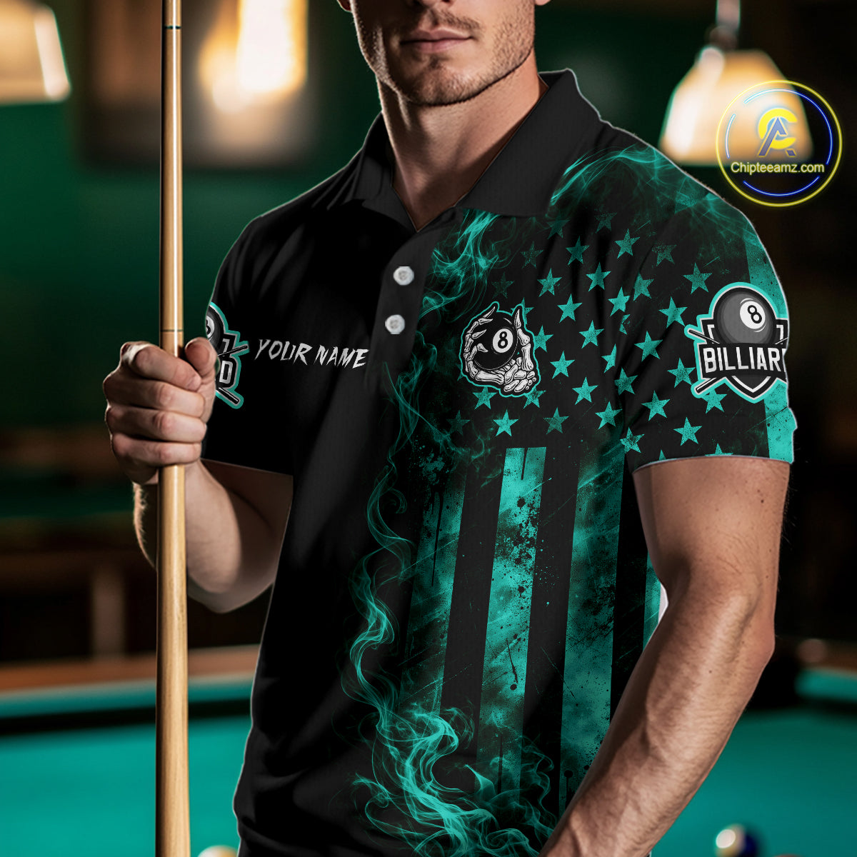 Teal Smokes American Flag 8 Ball Billiard Pool Shirt Custom Billiard Skeleton Team Appeal