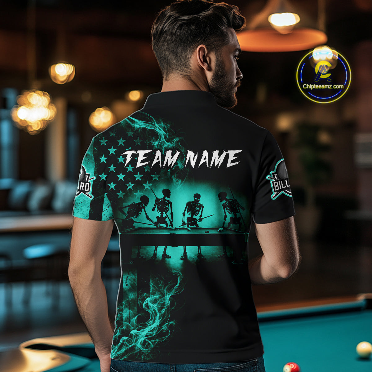 Teal Smokes American Flag 8 Ball Billiard Pool Shirt Custom Billiard Skeleton Team Appeal