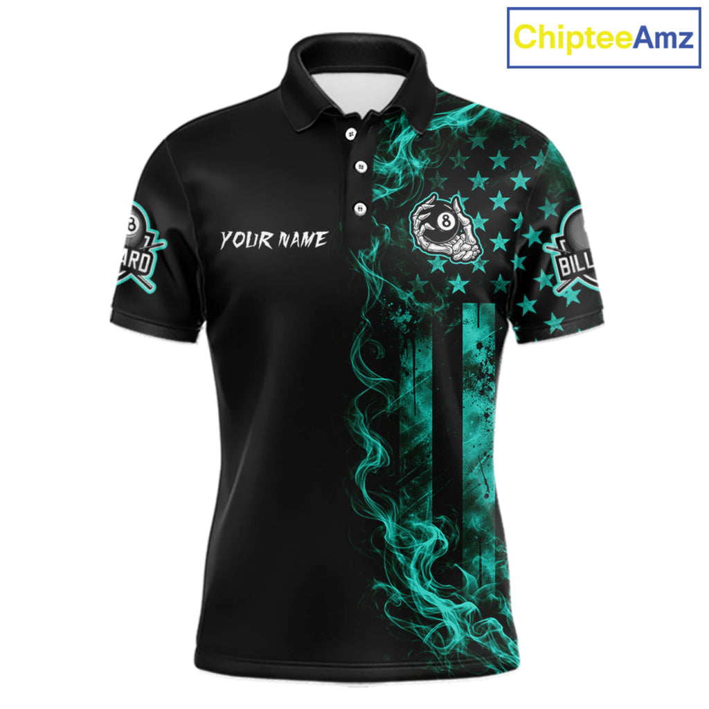 Teal Smokes American Flag 8 Ball Billiard Pool Shirt Custom Billiard Skeleton Team Appeal