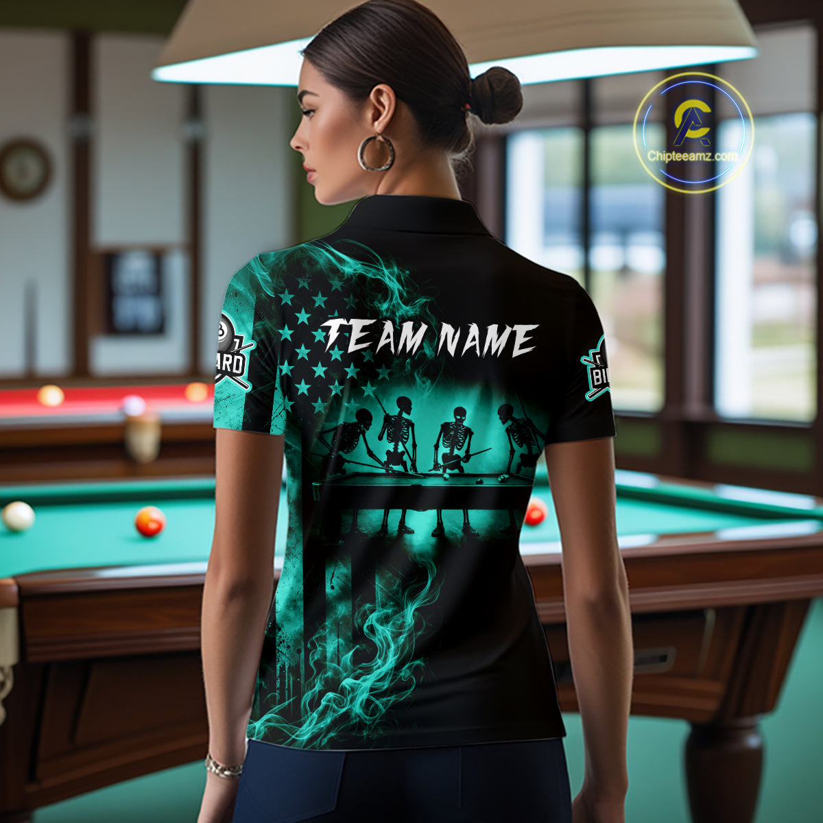 Teal Smokes American Flag 8 Ball Billiard Pool Shirt Custom Billiard Skeleton Team Appeal