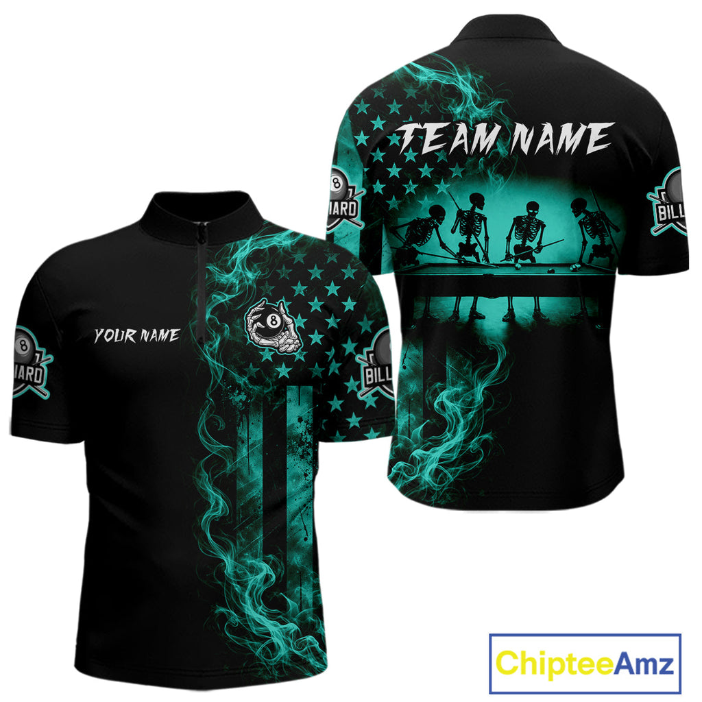 Teal Smokes American Flag 8 Ball Billiard Pool Shirt Custom Billiard Skeleton Team Appeal
