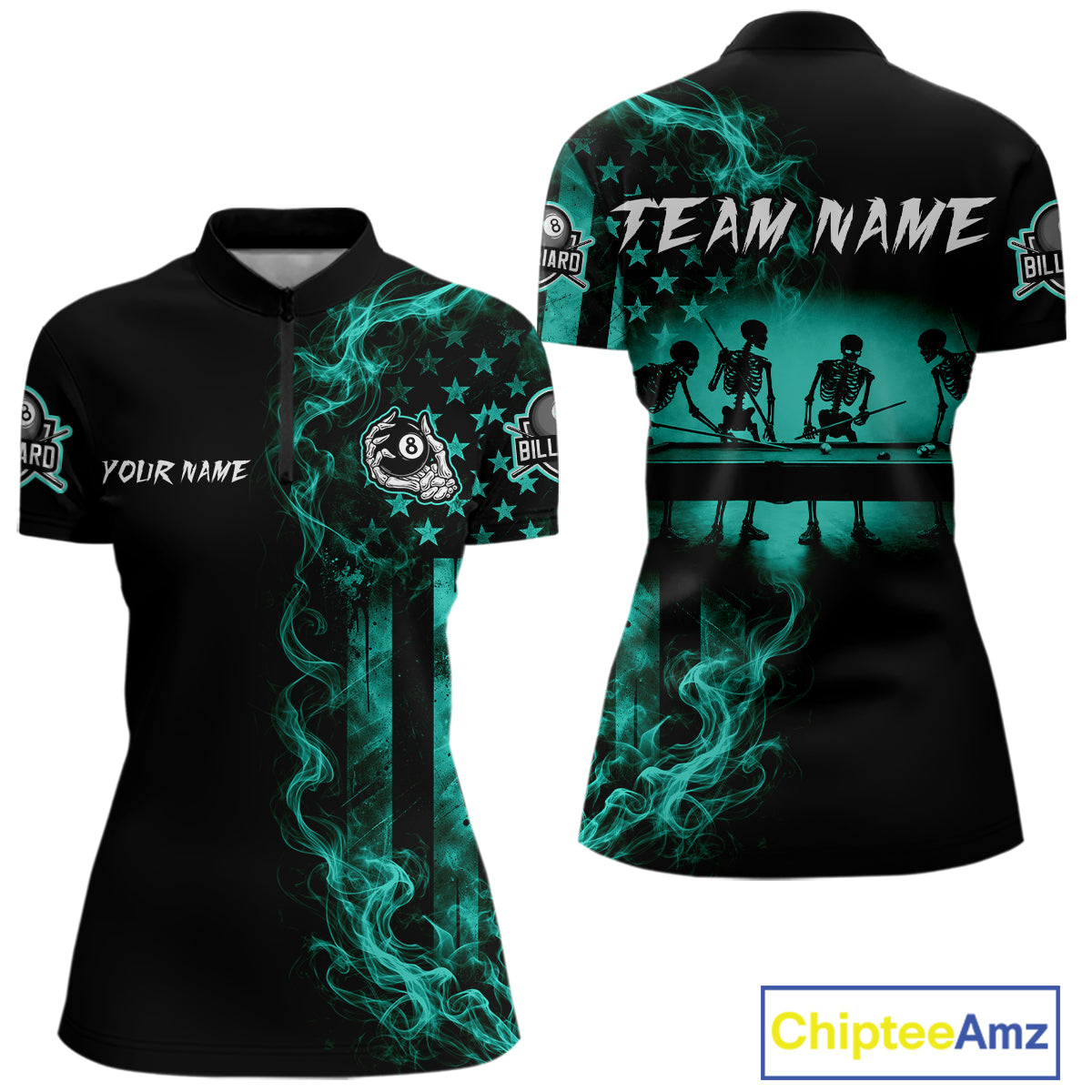 Teal Smokes American Flag 8 Ball Billiard Pool Shirt Custom Billiard Skeleton Team Appeal