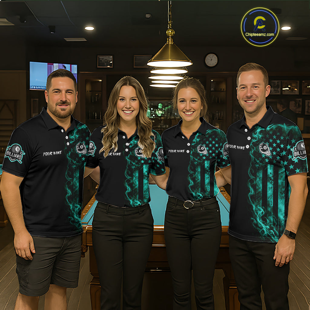 Teal Smokes American Flag 8 Ball Billiard Pool Shirt Custom Billiard Skeleton Team Appeal