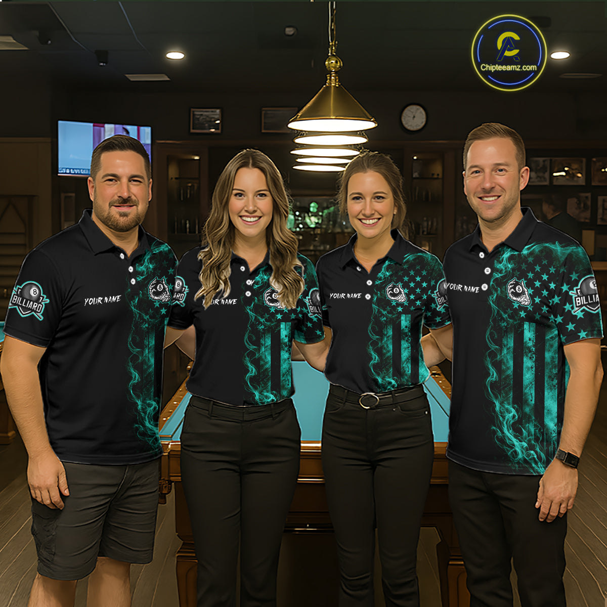 Teal Smokes American Flag 8 Ball Billiard Pool Shirt Custom Billiard Skeleton Team Appeal