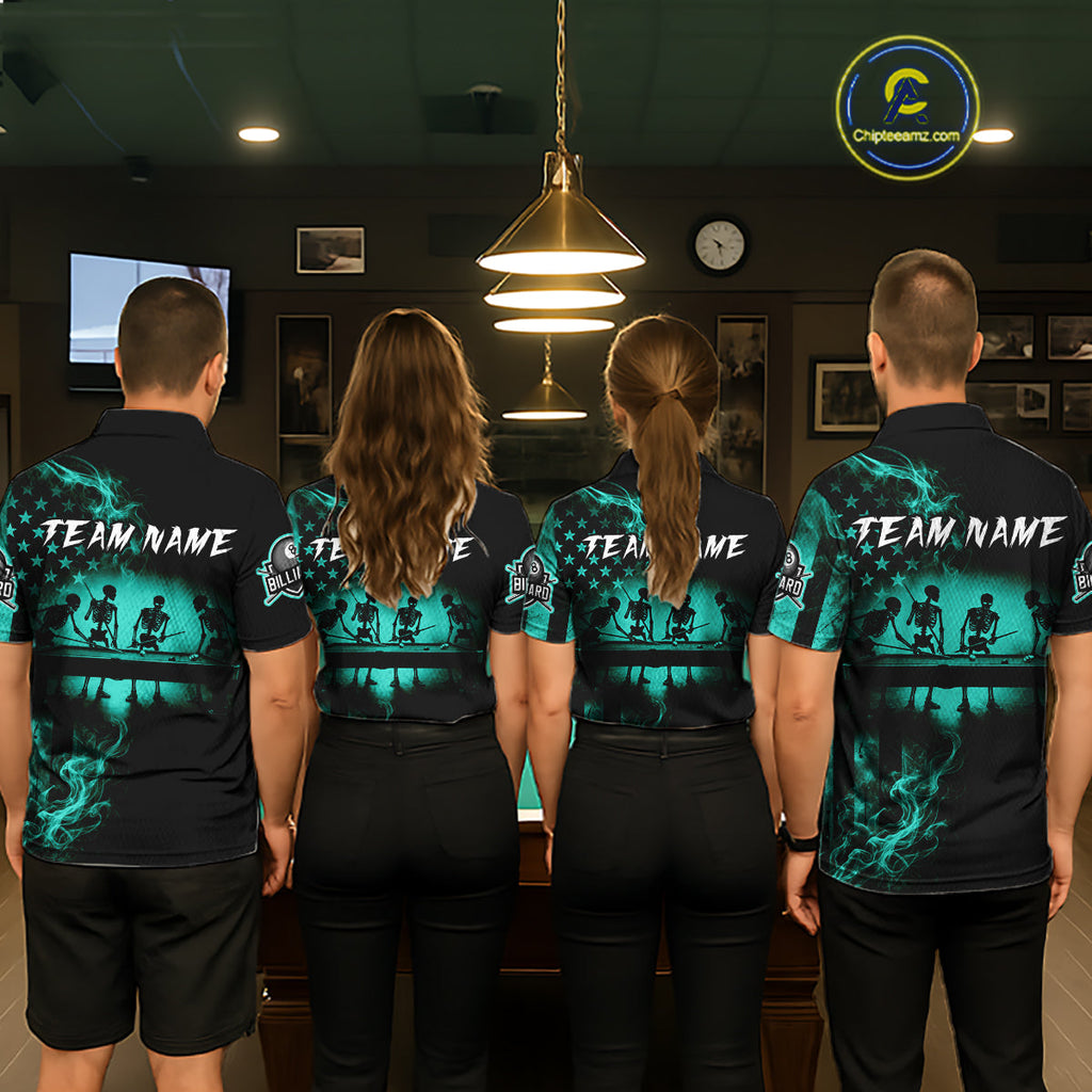 Teal Smokes American Flag 8 Ball Billiard Pool Shirt Custom Billiard Skeleton Team Appeal