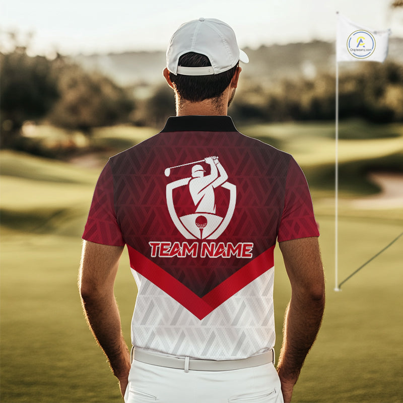 White And Red Geometric Golf Polo Golf Shirts Personalized Golf Team Attire