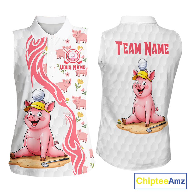 Matching Golf Sleeveless Polo Shirts Custom Pink & White Glitter Pig Golf Team Outfits