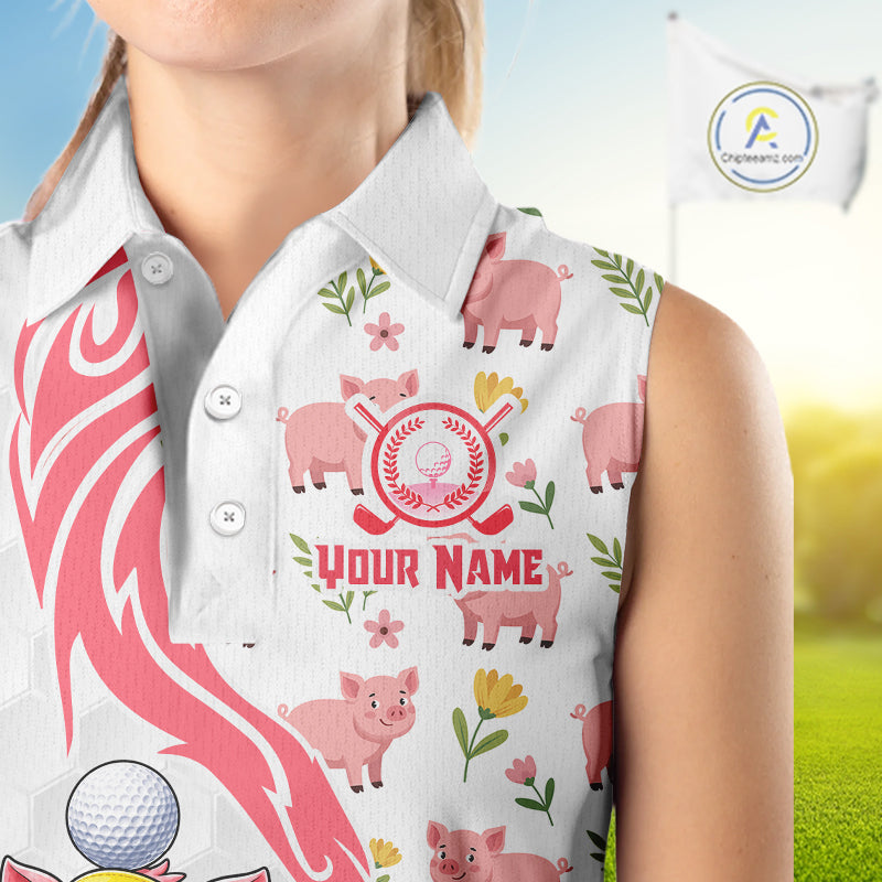 Matching Golf Sleeveless Polo Shirts Custom Pink & White Glitter Pig Golf Team Outfits