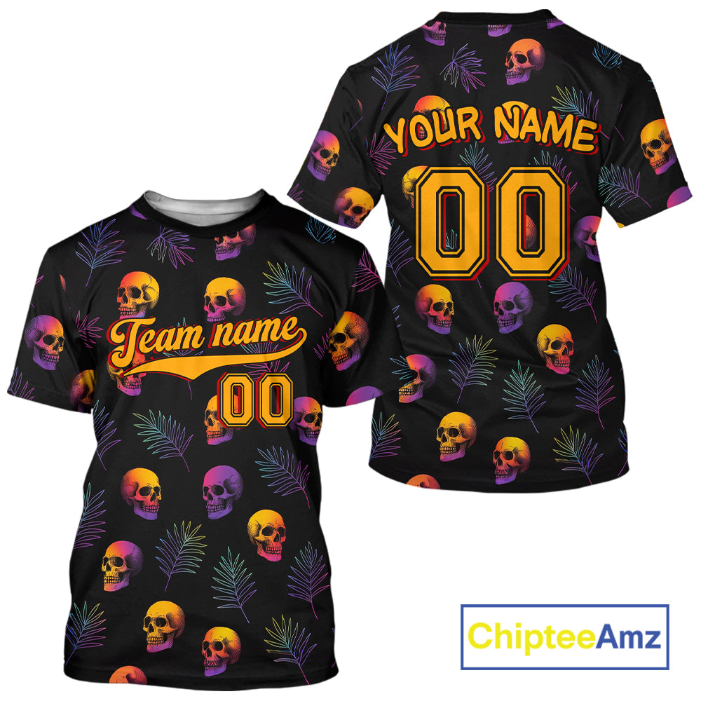Custom Black And Yellow Skull Baseball Halloween T-Shirt Skull Baseball Shirts