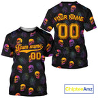Custom Black And Yellow Skull Baseball Halloween T-Shirt Skull Baseball Shirts