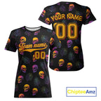 Custom Black And Yellow Skull Baseball Halloween T-Shirt Skull Baseball Shirts