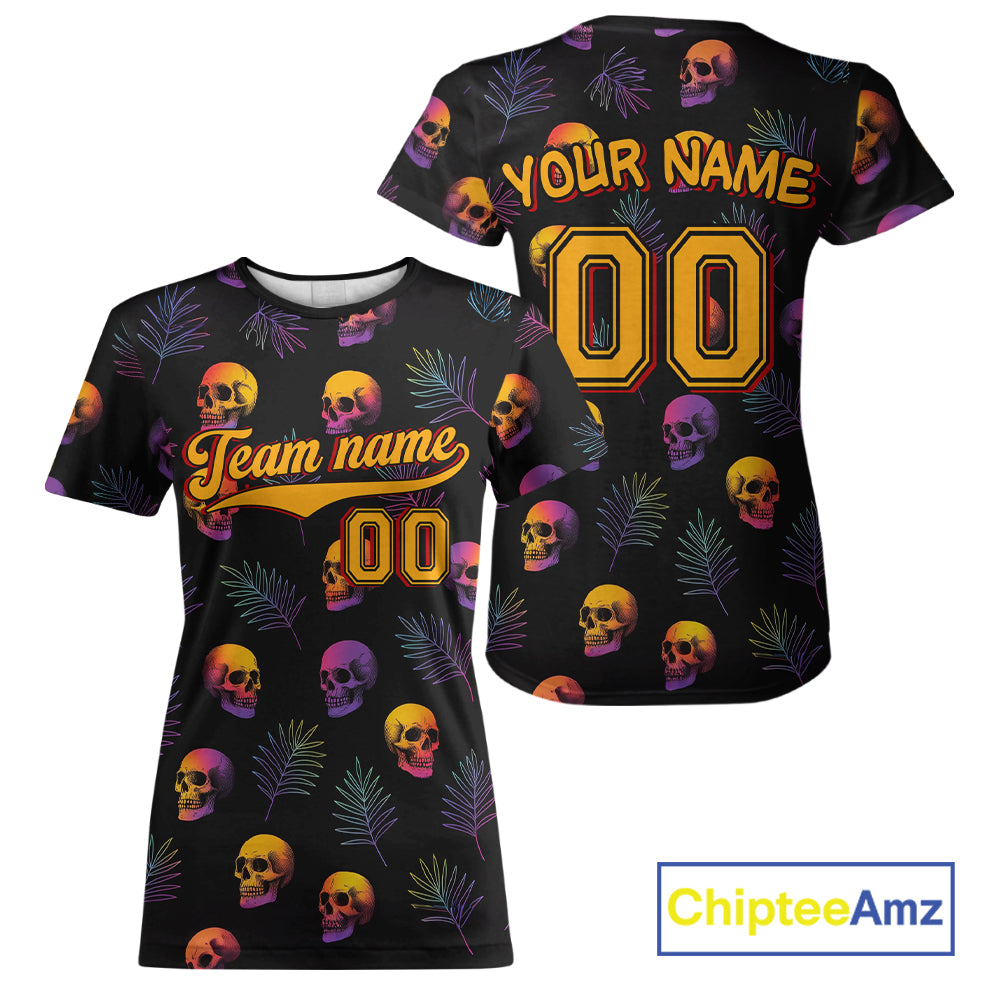 Custom Black And Yellow Skull Baseball Halloween T-Shirt Skull Baseball Shirts