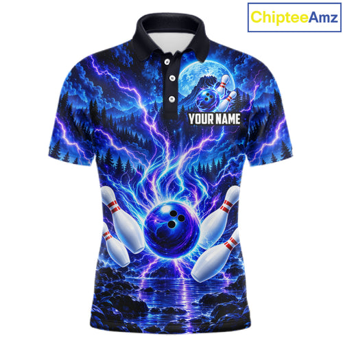 Blue Lightning Bowling Polo 1/4-Zip Shirt Personalized Thunder & Moon Bowling Jersey