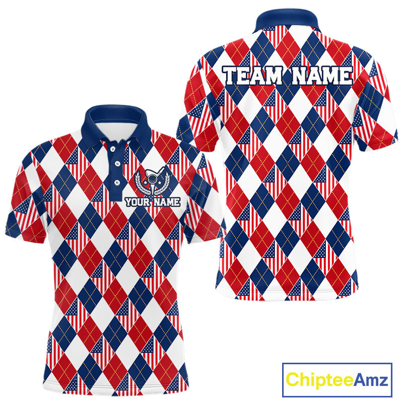 American Flag Argyle Golf Polo Shirt Custom Red White Blue Argyle Golf Team Shirts