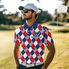 American Flag Argyle Golf Polo Shirt Custom Red White Blue Argyle Golf Team Shirts