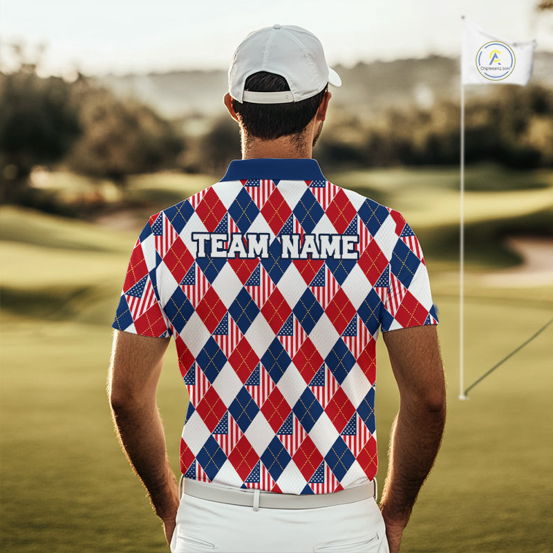 American Flag Argyle Golf Polo Shirt Custom Red White Blue Argyle Golf Team Shirts
