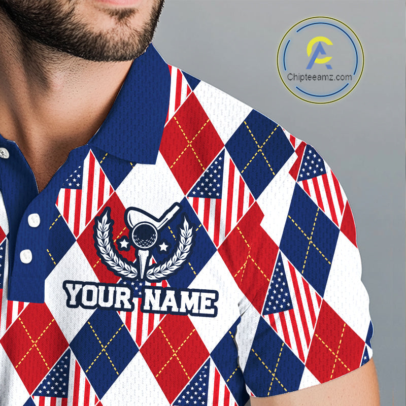 American Flag Argyle Golf Polo Shirt Custom Red White Blue Argyle Golf Team Shirts