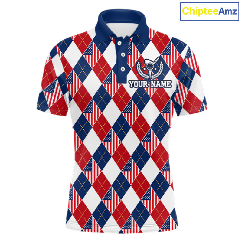 American Flag Argyle Golf Polo Shirt Custom Red White Blue Argyle Golf Team Shirts