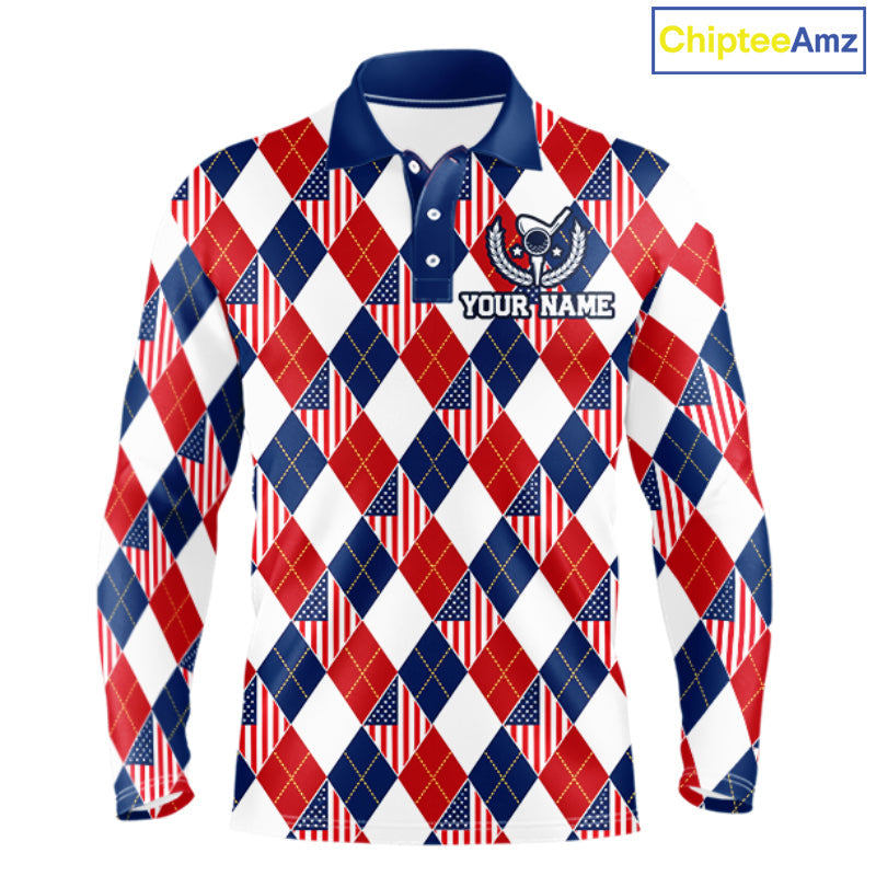 American Flag Argyle Golf Polo Shirt Custom Red White Blue Argyle Golf Team Shirts