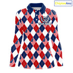 American Flag Argyle Golf Polo Shirt Custom Red White Blue Argyle Golf Team Shirts