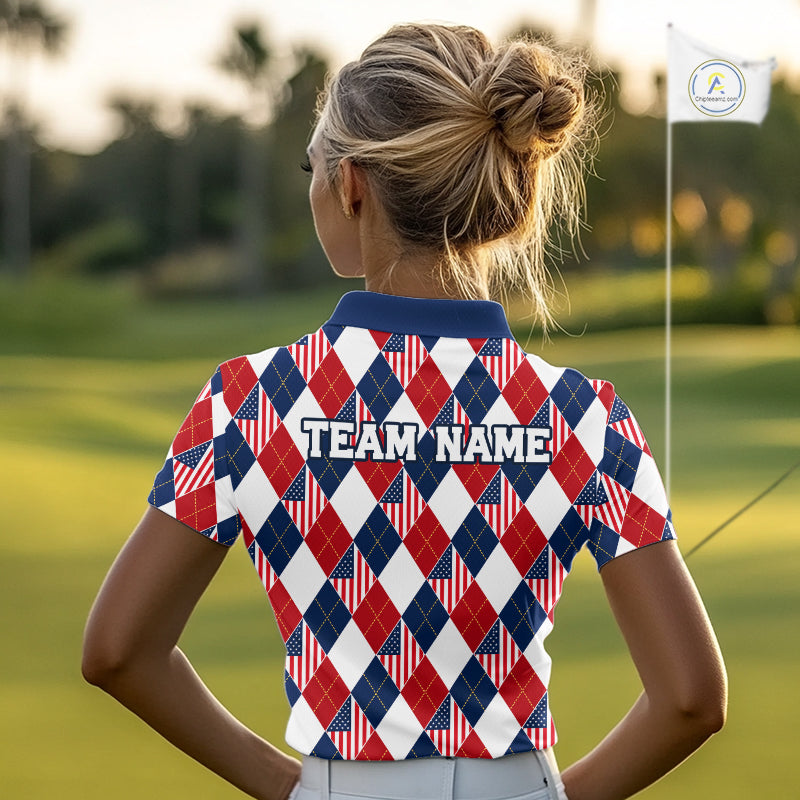 American Flag Argyle Golf Polo Shirt Custom Red White Blue Argyle Golf Team Shirts
