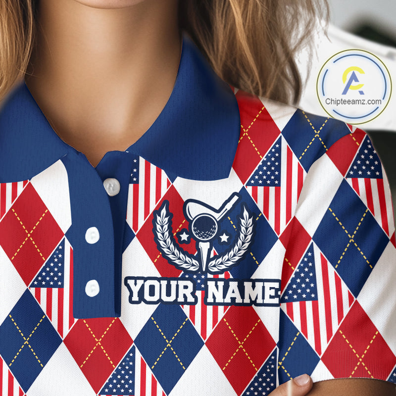 American Flag Argyle Golf Polo Shirt Custom Red White Blue Argyle Golf Team Shirts