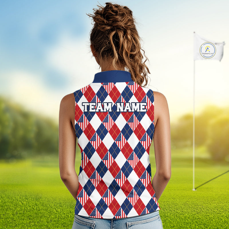 American Flag Argyle Golf Sleeveless Polo Shirt Custom Red White Blue Argyle Golf Team Shirts